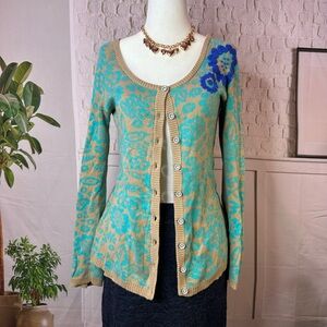 Heather B Floral Patterned Button-Up Sweater - Teal and Tan small‎